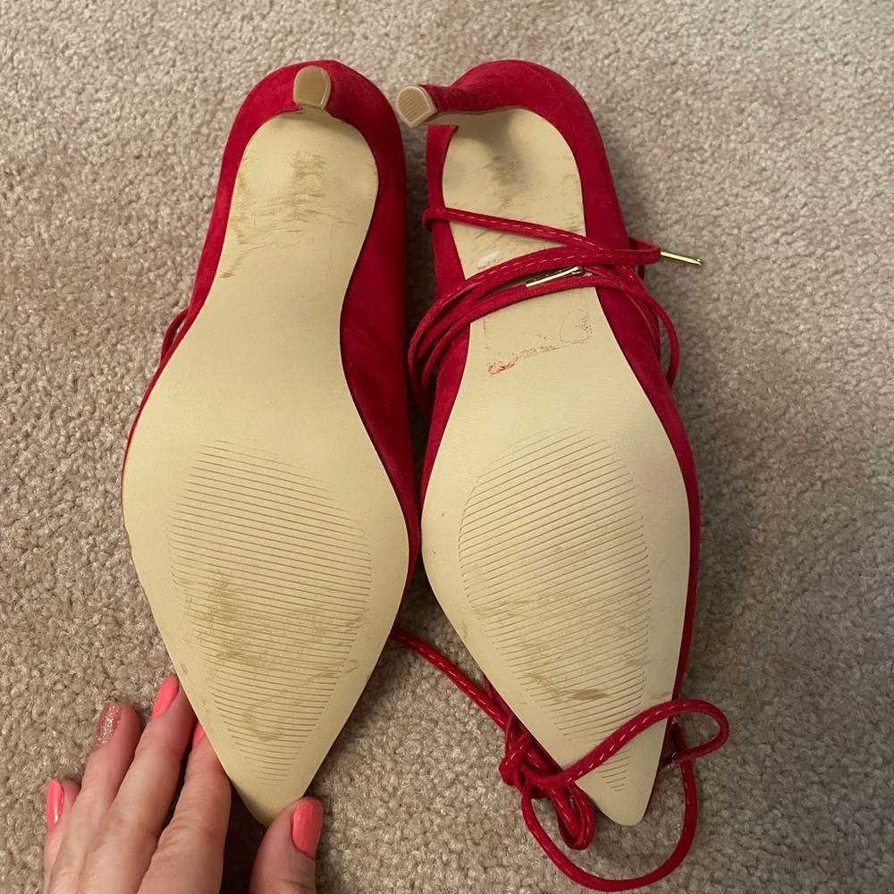 Red suede Kate & Mel wrap shoes